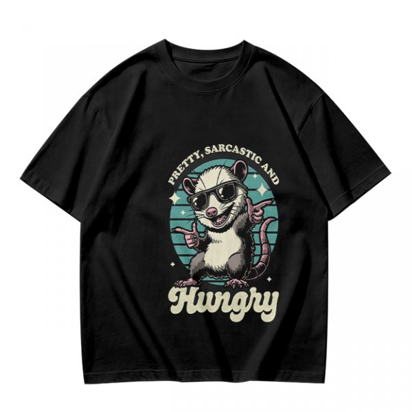 Olive graphic tee with sarcastic hungry opossum in sunglasses