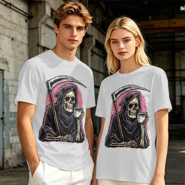 Olive T-Shirt Featuring Grim Reaper Holding Coffee and Scythe