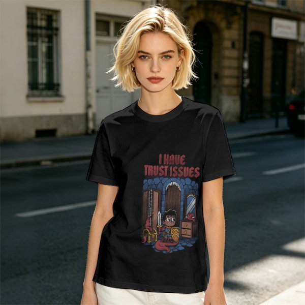 Olive t-shirt with 'I Have Trust Issues' chibi knight graphic