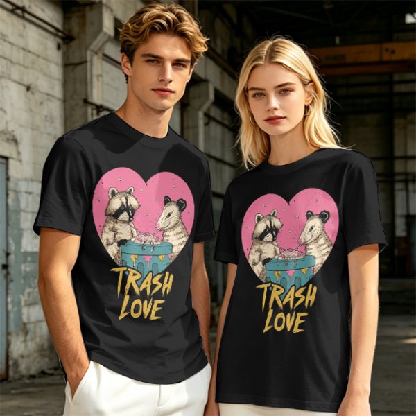 Olive Graphic T-Shirt with Raccoon and Opossum Trash Love Design