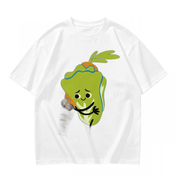 Olive Green T-Shirt With Sad Cartoon Cabbage Graphic
