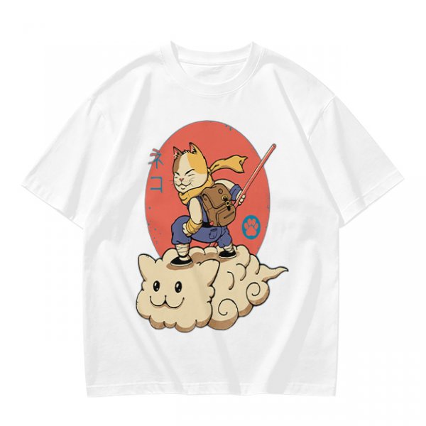 Olive T-shirt with a cat warrior riding a flying cloud graphic