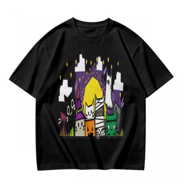 Olive T-Shirt With Halloween Themed Cute Cat Characters Print