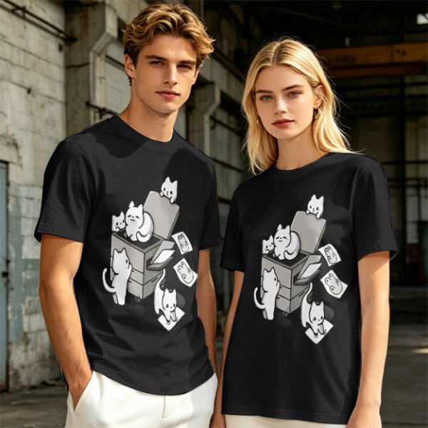 Olive T-Shirt With Playful Cats Emerging From Printer Graphic