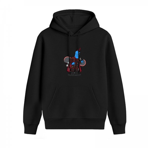Black hoodie with cartoon blue alien character print