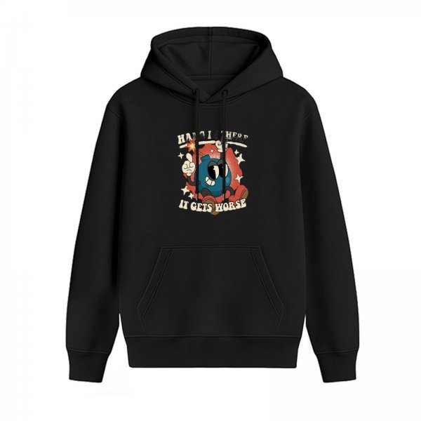 Black hoodie with retro cartoon bomb graphic and 'Hang In There It Gets Worse' text