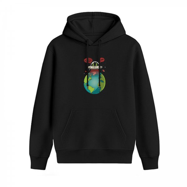 Black Hoodie With Alien UFO Abducting Earth Graphic