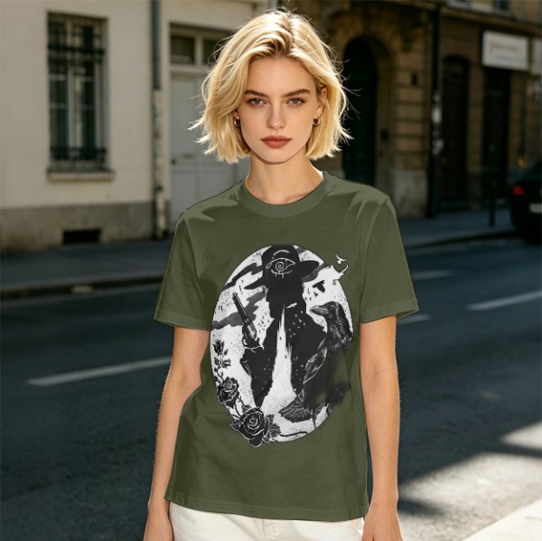 Olive T-Shirt With Western Gunslinger Crow And Roses Graphic