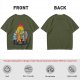 Olive green t-shirt with cartoon dogs playing poker under a hanging lamp