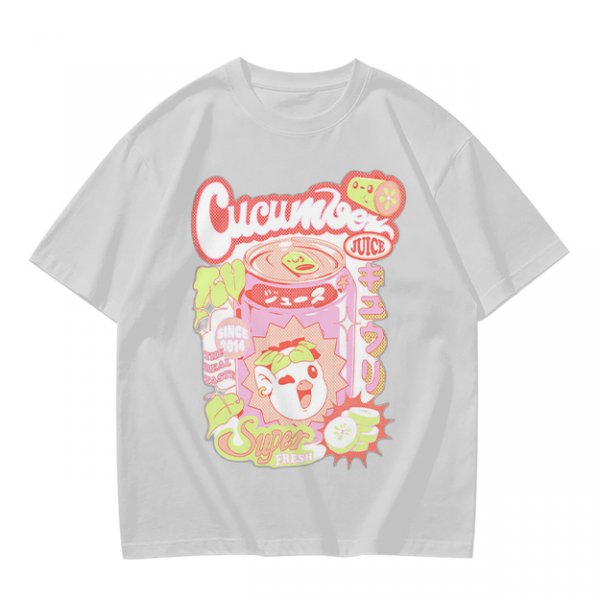 Olive green graphic t-shirt with cucumber juice themed print