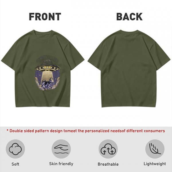 Olive Green T-Shirt with UFO Abducting Cow Graphic