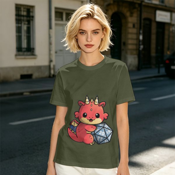 Cute Red Dragon Holding D20 Dice Graphic T-Shirt