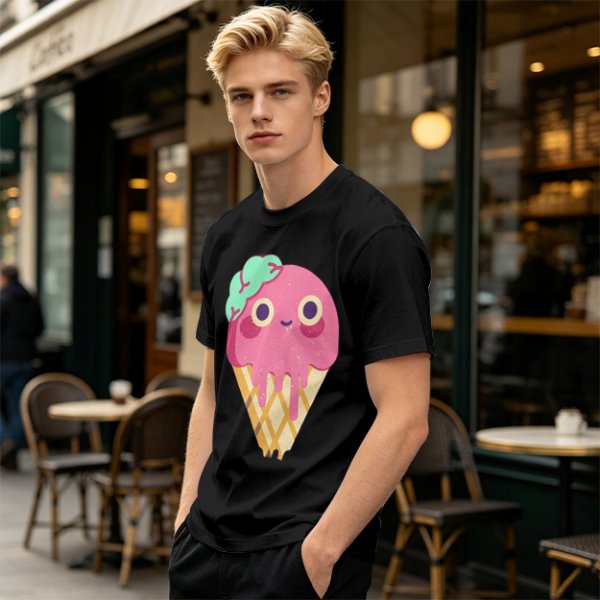 Olive T-Shirt With Cute Melting Pink Ice Cream Cone Graphic