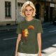 Olive T-Shirt Featuring a Relaxed Cat on a Chair with Fried Chicken Print