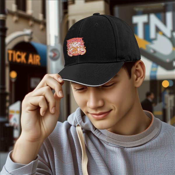 Black Baseball Cap with Cute Japanese Food Chef Character Graphic