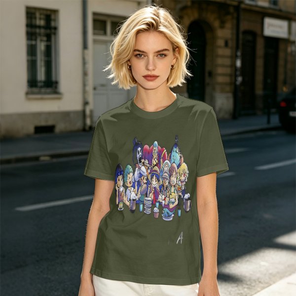 Olive T-Shirt with Anime Character Group Coffee Print
