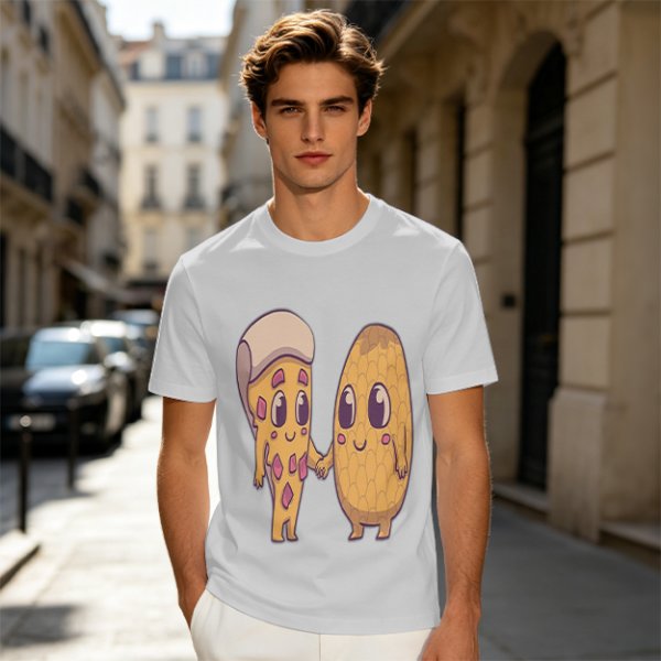 Olive Green T-Shirt With Cute Pizza And Corn Holding Hands Art