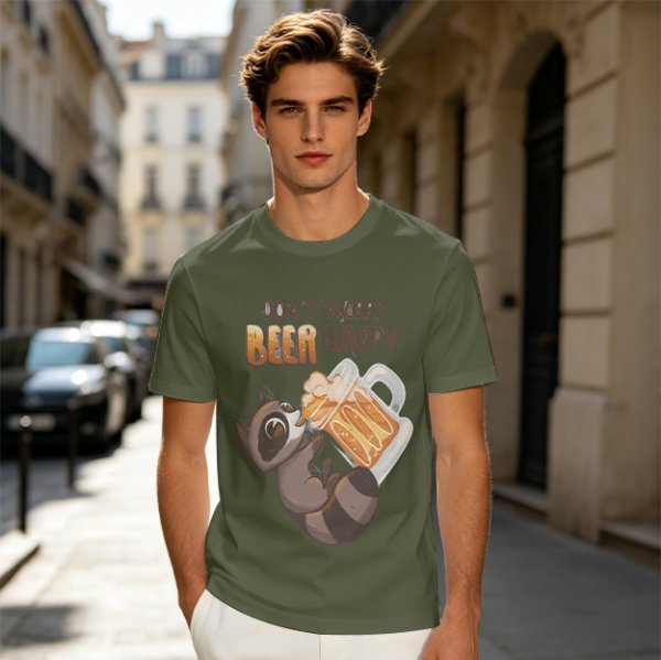 Oversized olive t-shirt with raccoon drinking beer graphic