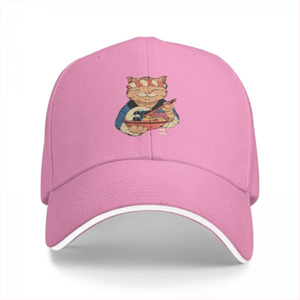 Black Baseball Cap with Ramen Chef Cat Graphic