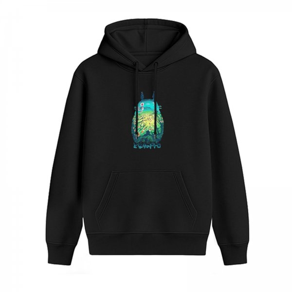 Black hoodie with Totoro nature landscape graphic print