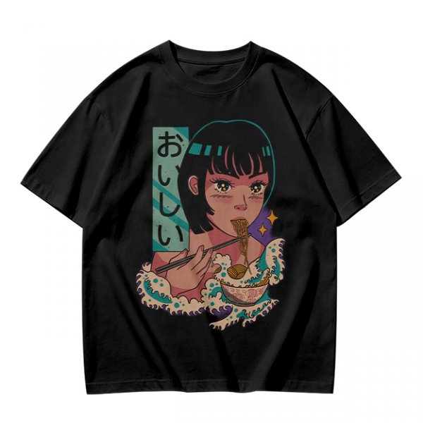 Olive anime graphic t-shirt with girl eating ramen and Japanese text