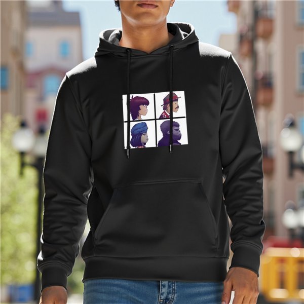 Black hoodie with four side-profile character grid graphic print