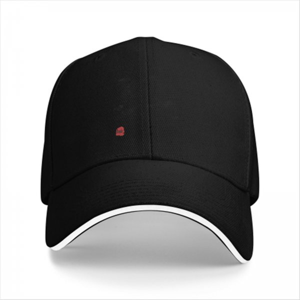 Black Baseball Cap with Small Red Logo and White Brim Trim