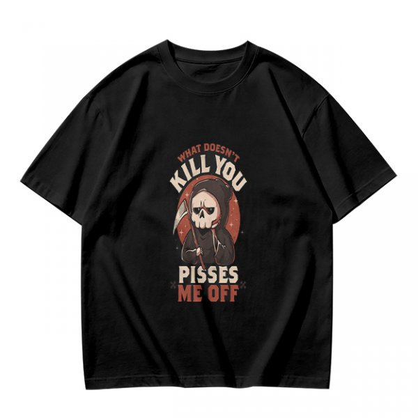 Olive t-shirt with grim reaper graphic and provocative text