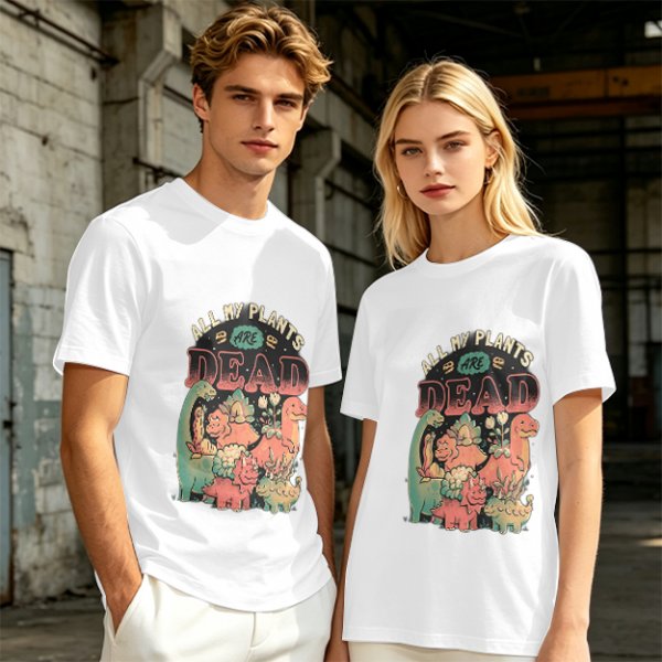Olive graphic t-shirt with 'All My Plants Are Dead' dinosaur print