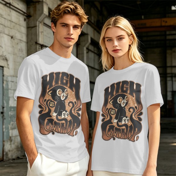 Olive green graphic t-shirt with a high on catip black cat print