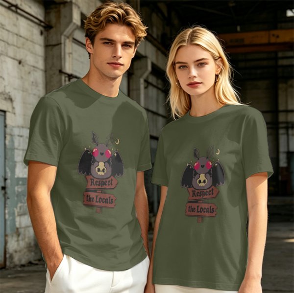 Olive Graphic T-Shirt with Cute Mothman Respect The Locals Print