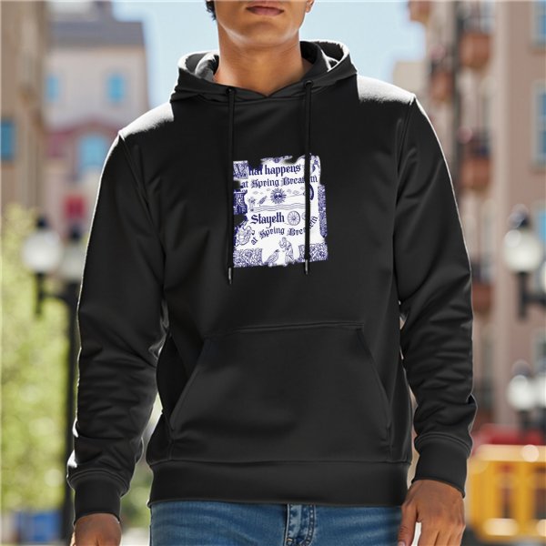 Black hoodie with vintage-style decorative text and graphic print