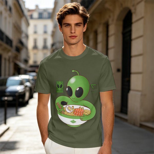 Olive Green T-Shirt With Cute Alien Eating Ramen Graphic