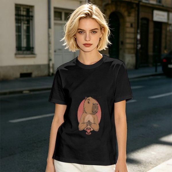 Olive Green T-Shirt With Cute Praying Capybara Graphic