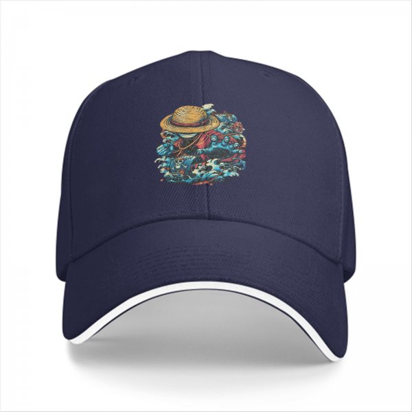 Black Baseball Cap with One Piece Straw Hat Pirate Graphic