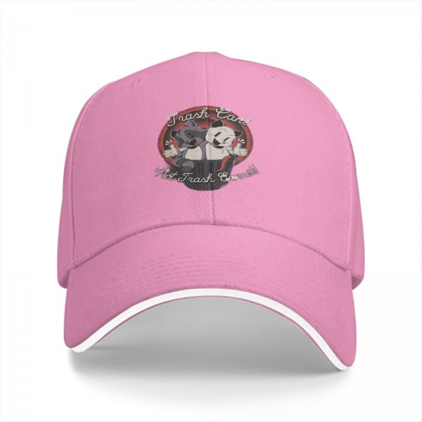 Black baseball cap with retro raccoon and cat trash can graphic