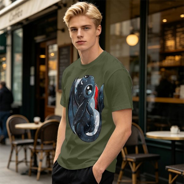 Olive T-shirt with cute starry night dragon graphic