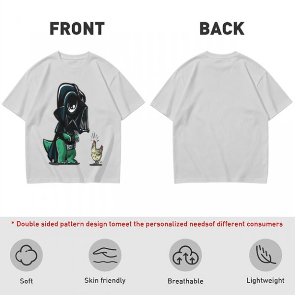 Olive T-shirt with cartoon dinosaur in Darth Vader helmet and chicken print