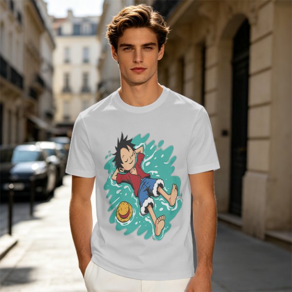 Olive anime t-shirt with Luffy relaxing in water print