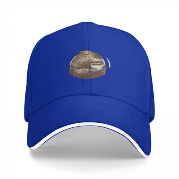 Black baseball cap with capybara holding coffee cup print