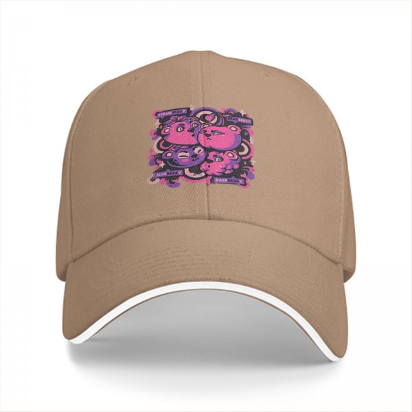 Black baseball cap with pink and purple bear graphic print