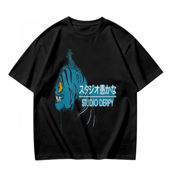 Olive Graphic T-Shirt with Blue Tiger and Studio Derpy Text