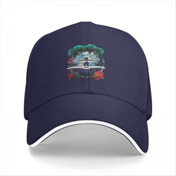 Black Baseball Cap With Fantasy Forest Figure And Red Floral Print