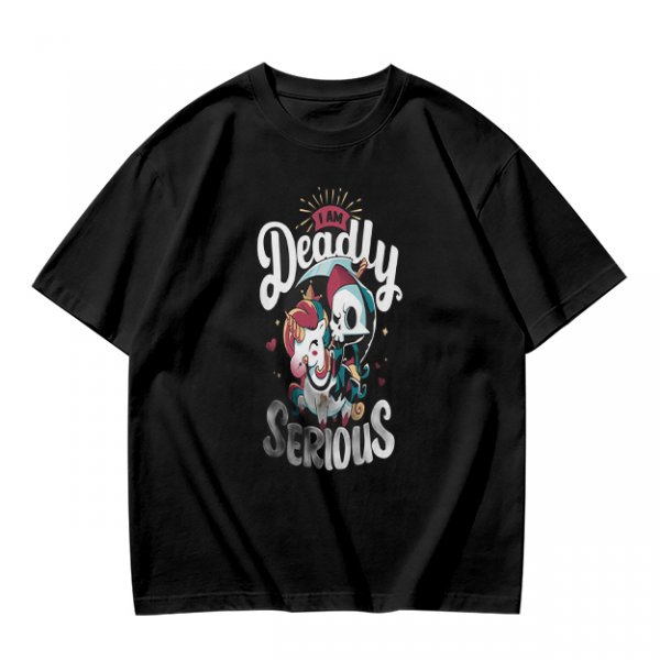Olive graphic t-shirt with 'I Am Deadly Serious' and unicorn grim reaper art