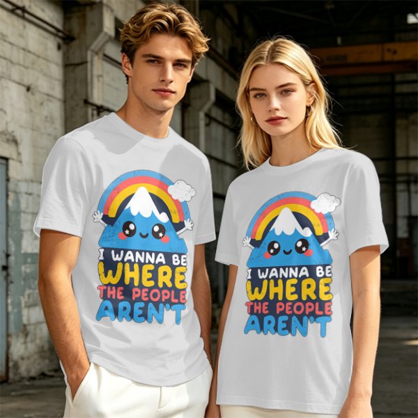 Olive graphic tee with cute mountain rainbow and 'I Wanna Be Where The People Aren't' text