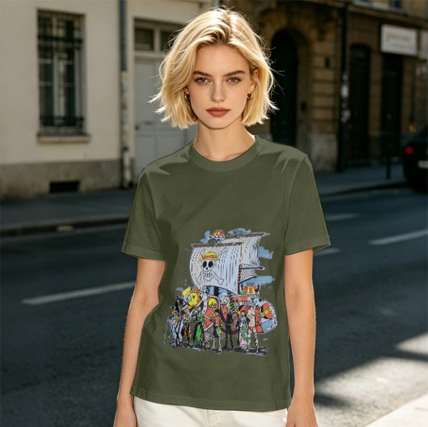 Olive T-Shirt with One Piece Straw Hat Pirates Crew and Ship Print