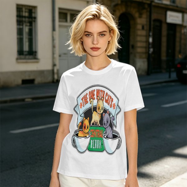 Olive green t-shirt with cat coffee cup graphic and playful text design
