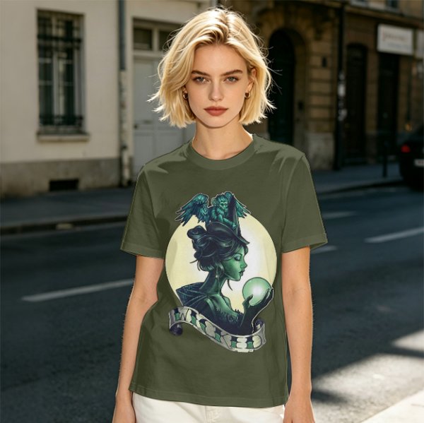 Olive Witch Graphic T-Shirt With Winged Monkey And Crystal Ball
