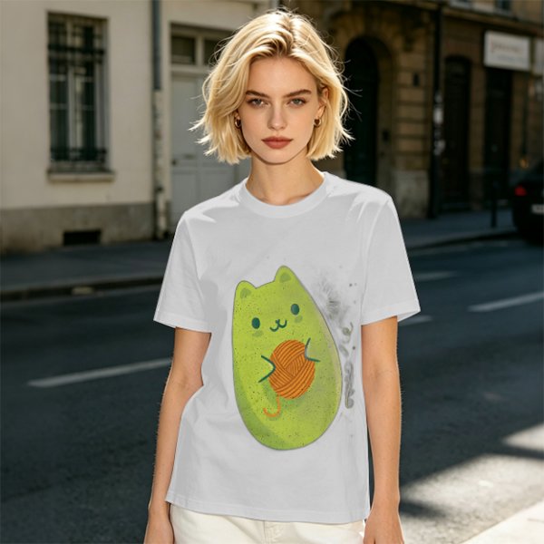 Olive Green T-Shirt With Cute Avocado Cat Holding Yarn Ball Print
