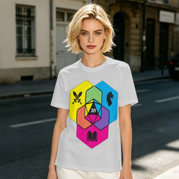 Olive T-Shirt With D20 And Fantasy RPG Themed Hexagon Art